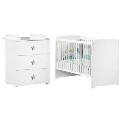 Pack Duo Lit Bébé Têtes Panneaux Blanc Et Commode à Langer étoile New Basic